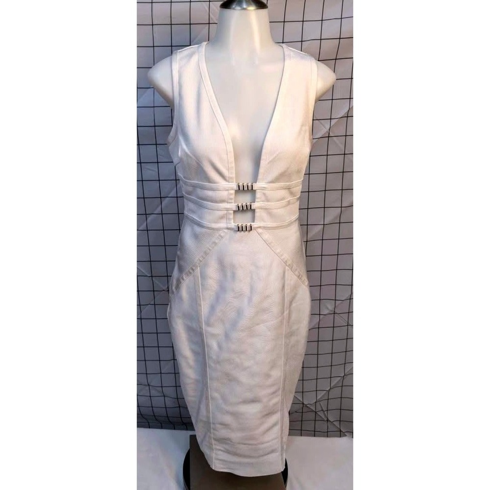WOW Couture ~ Bandage Dress/White/Deep V-Neck/Gold Hardware/Bodycon Midi ~ LARGE